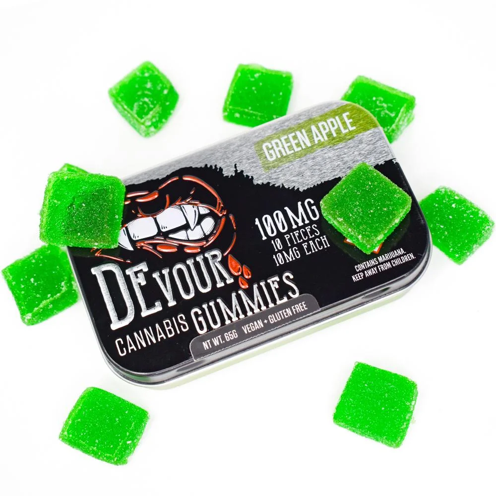 Devour Gummies Green Apple 100mg THC Per Package – 10mg THC Per Piece
